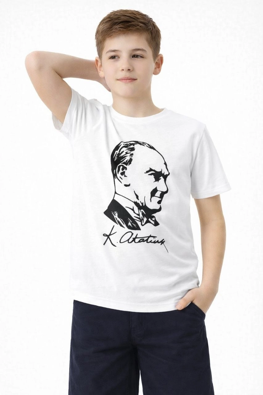 Erkek Çocuk Atatürk Baskılı Tişört Kısa Kollu Bisiklet Yaka T-Shirt – Beyaz