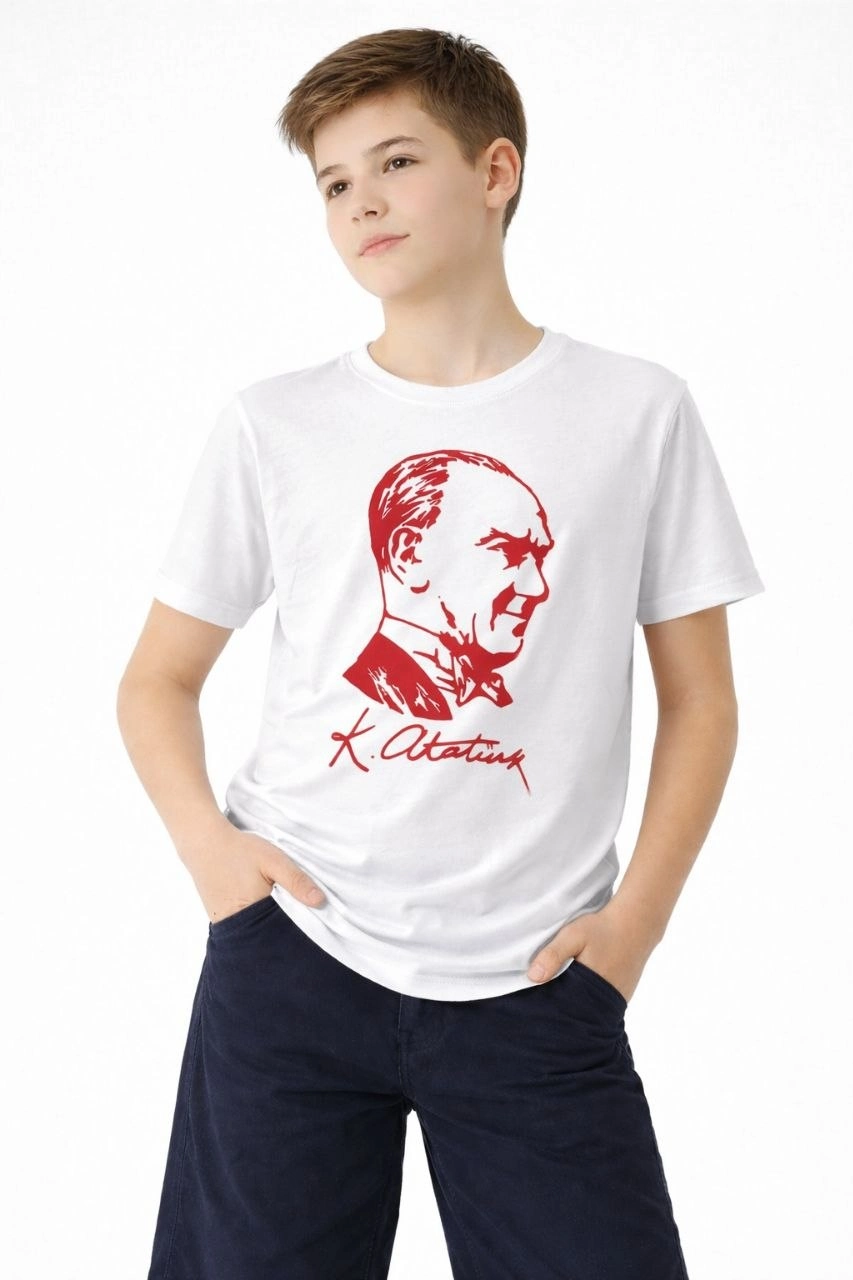 Erkek Çocuk Atatürk Baskılı Tişört Kısa Kollu Bisiklet Yaka T-Shirt – Beyaz