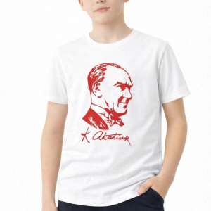 Erkek Çocuk Atatürk Baskılı Tişört Kısa Kollu Bisiklet Yaka T-Shirt – Beyaz