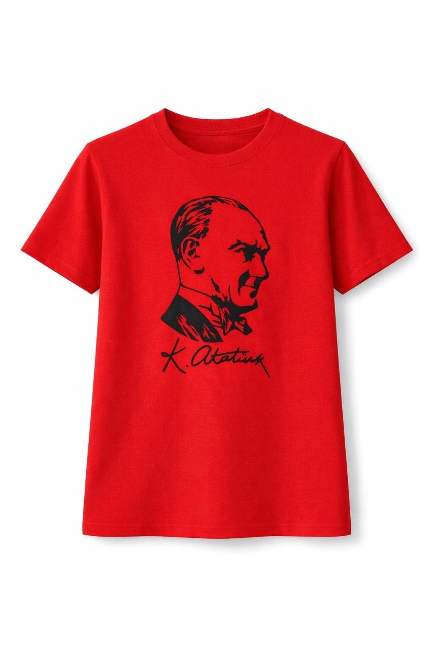 Kız Çocuk Atatürk Baskılı Tişört Kısa Kollu Bisiklet Yaka T-Shirt – Kırmızı