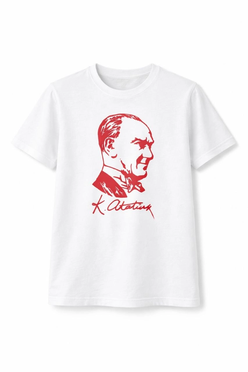 Erkek Çocuk Atatürk Baskılı Tişört Kısa Kollu Bisiklet Yaka T-Shirt – Beyaz