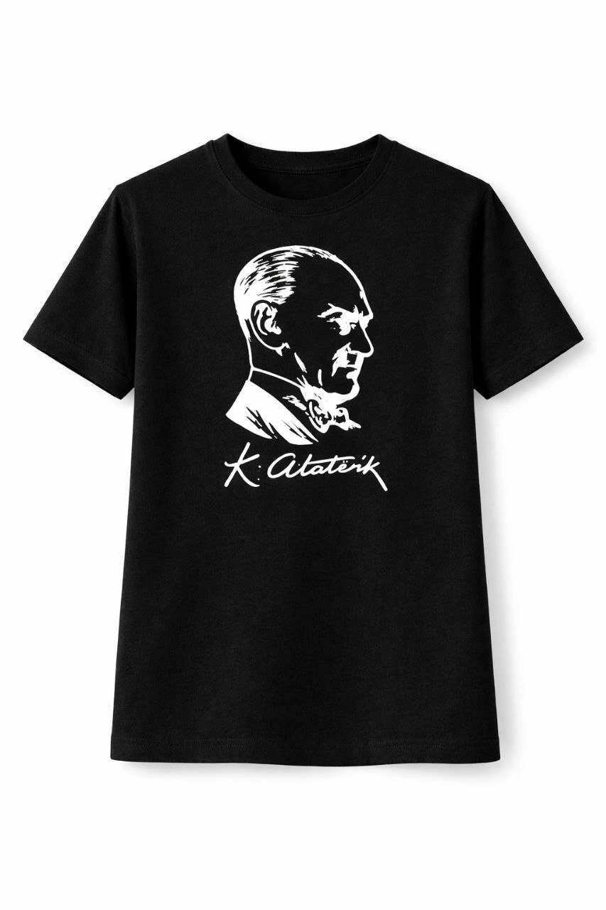 Erkek Çocuk Atatürk Baskılı Tişört Kısa Kollu Bisiklet Yaka T-Shirt – Siyah