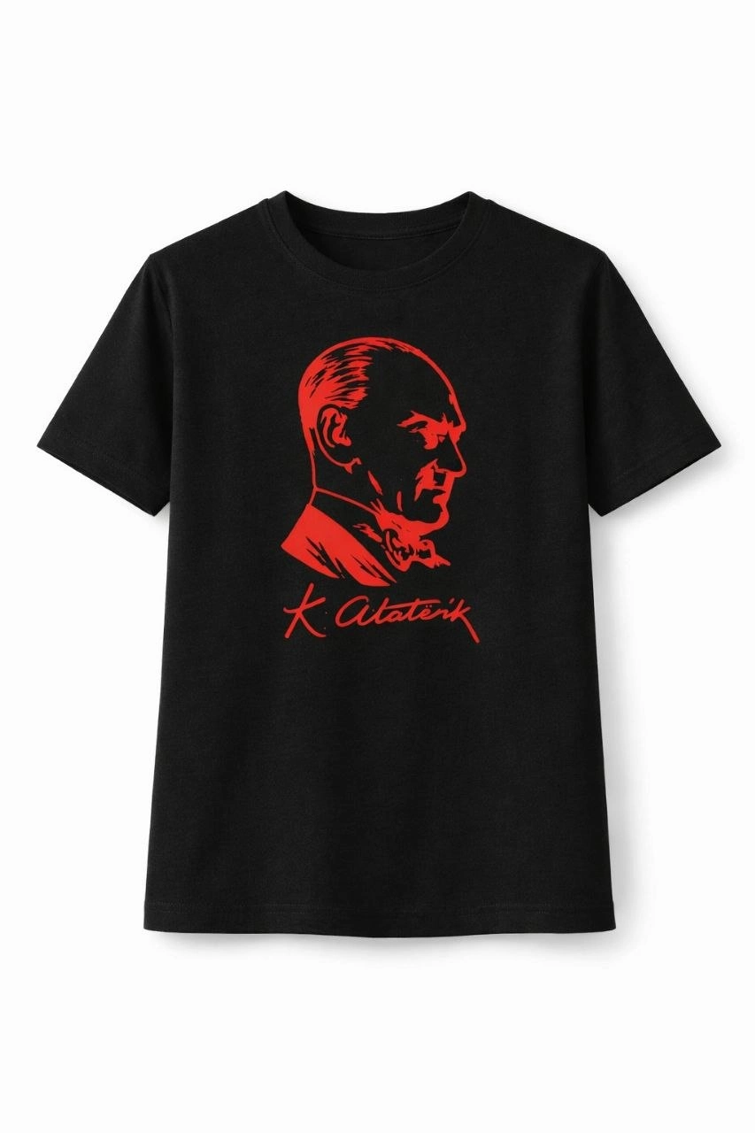 Kız Çocuk Atatürk Baskılı Tişört Kısa Kollu Bisiklet Yaka T-Shirt – Siyah