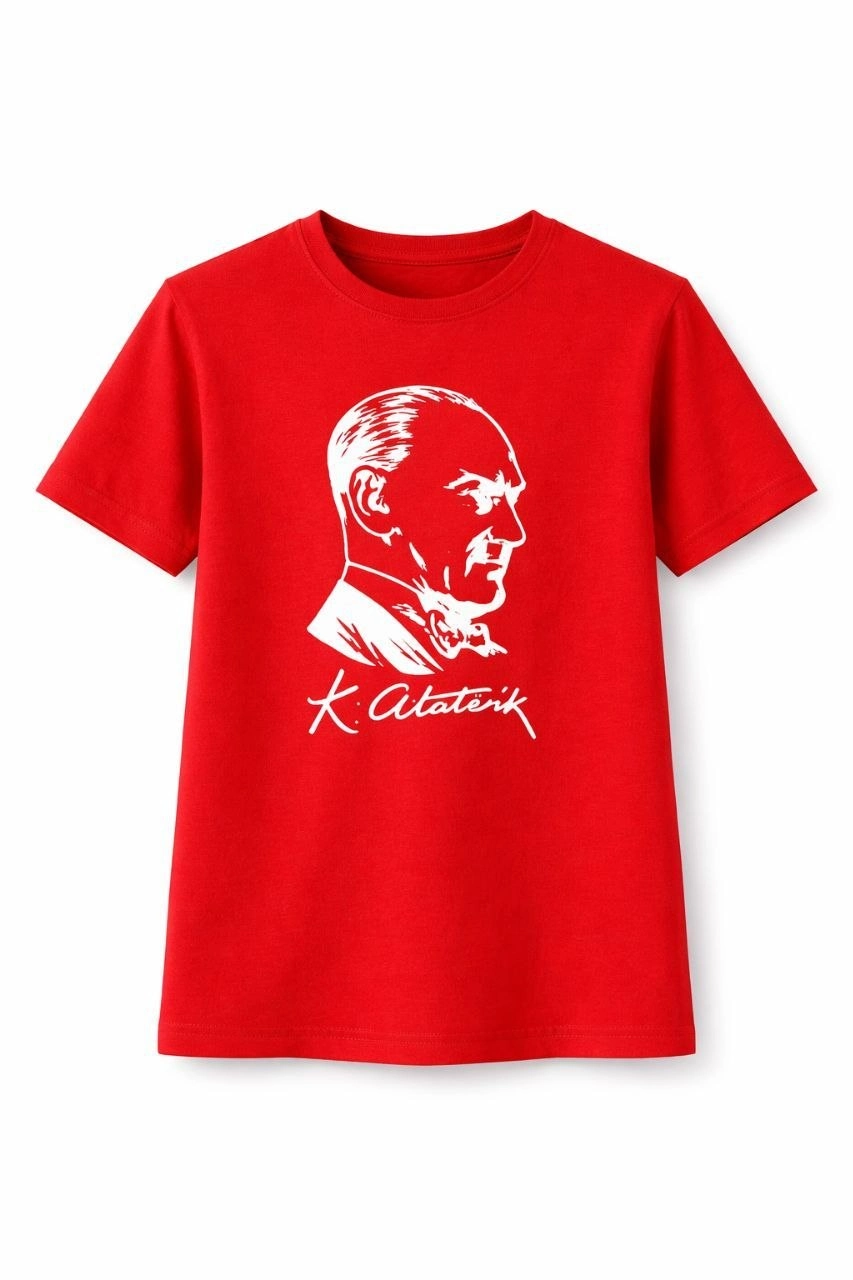 Kız Çocuk Atatürk Baskılı Tişört Kısa Kollu Bisiklet Yaka T-Shirt – Kırmızı