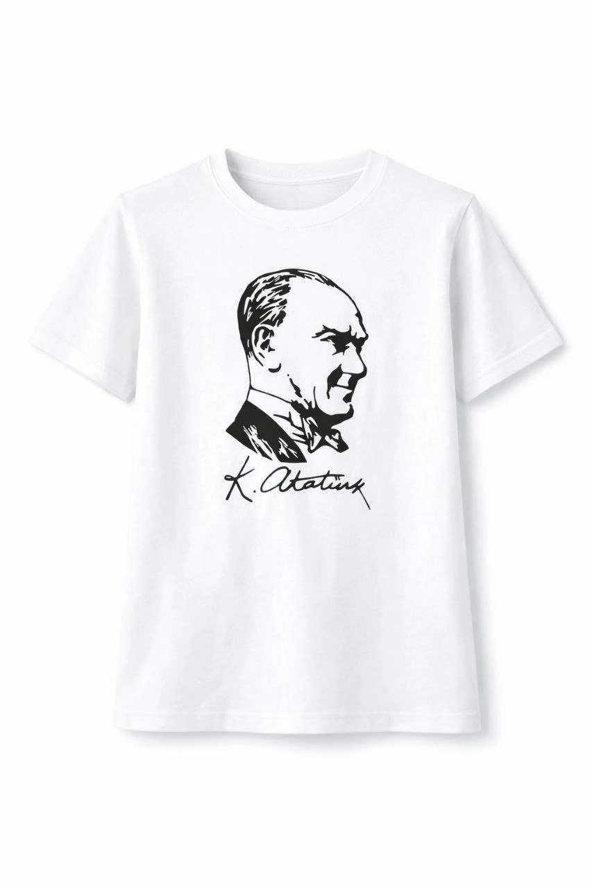 Erkek Çocuk Atatürk Baskılı Tişört Kısa Kollu Bisiklet Yaka T-Shirt – Beyaz