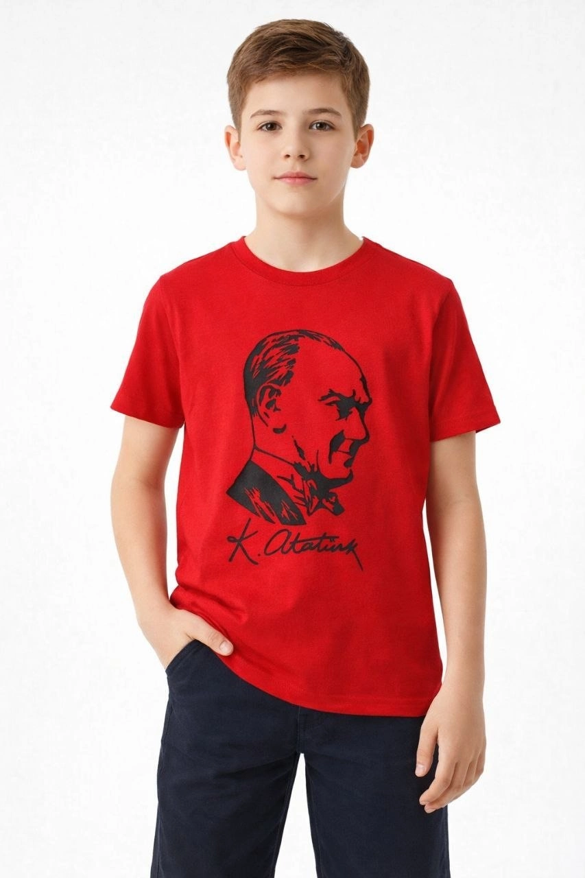 Erkek Çocuk Atatürk Baskılı Tişört Kısa Kollu Bisiklet Yaka T-Shirt – Kırmızı