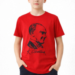 Erkek Çocuk Atatürk Baskılı Tişört Kısa Kollu Bisiklet Yaka T-Shirt – Kırmızı