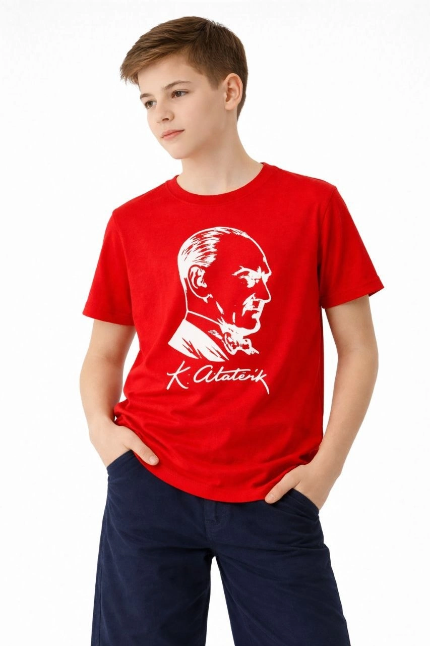 Erkek Çocuk Atatürk Baskılı Tişört Kısa Kollu Bisiklet Yaka T-Shirt – Kırmızı
