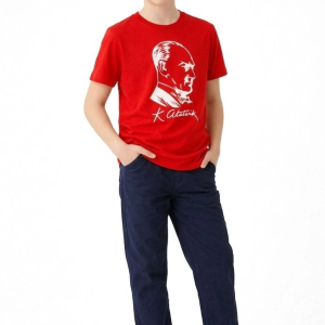 Erkek Çocuk Atatürk Baskılı Tişört Kısa Kollu Bisiklet Yaka T-Shirt – Kırmızı