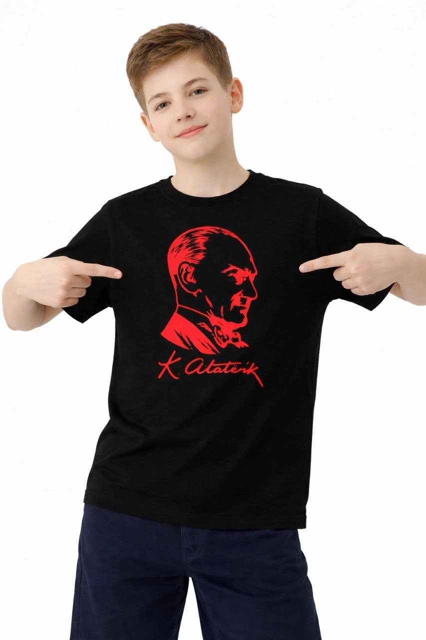 Erkek Çocuk Atatürk Baskılı Tişört Kısa Kollu Bisiklet Yaka T-Shirt – Siyah