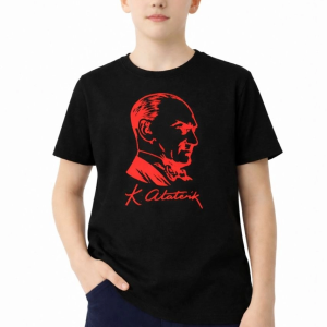 Erkek Çocuk Atatürk Baskılı Tişört Kısa Kollu Bisiklet Yaka T-Shirt – Siyah