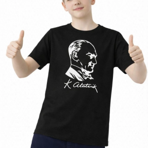 Erkek Çocuk Atatürk Baskılı Tişört Kısa Kollu Bisiklet Yaka T-Shirt – Siyah