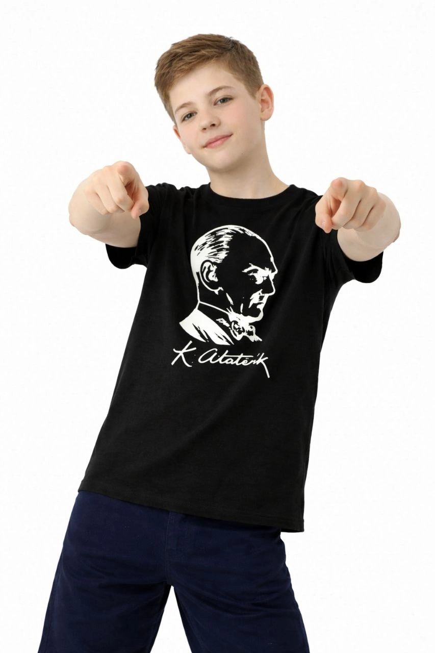 Erkek Çocuk Atatürk Baskılı Tişört Kısa Kollu Bisiklet Yaka T-Shirt – Siyah