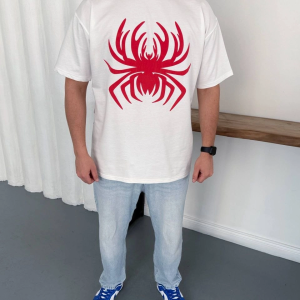 Erkek Örümcek Baskılı Tişört Kısa Kollu Bisiklet Yaka T-Shirt – Beyaz