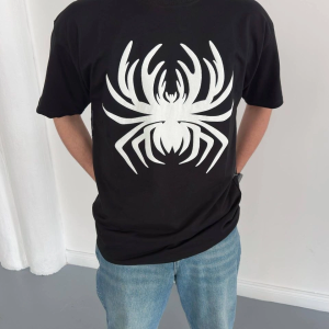 Erkek Örümcek Baskılı Tişört Kısa Kollu Bisiklet Yaka T-Shirt – Siyah