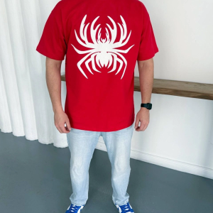 Erkek Örümcek Baskılı Tişört Kısa Kollu Bisiklet Yaka T-Shirt – Kırmızı