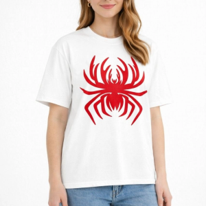 Kadın Örümcek Baskılı Tişört Kısa Kollu Bisiklet Yaka T-Shirt – Beyaz