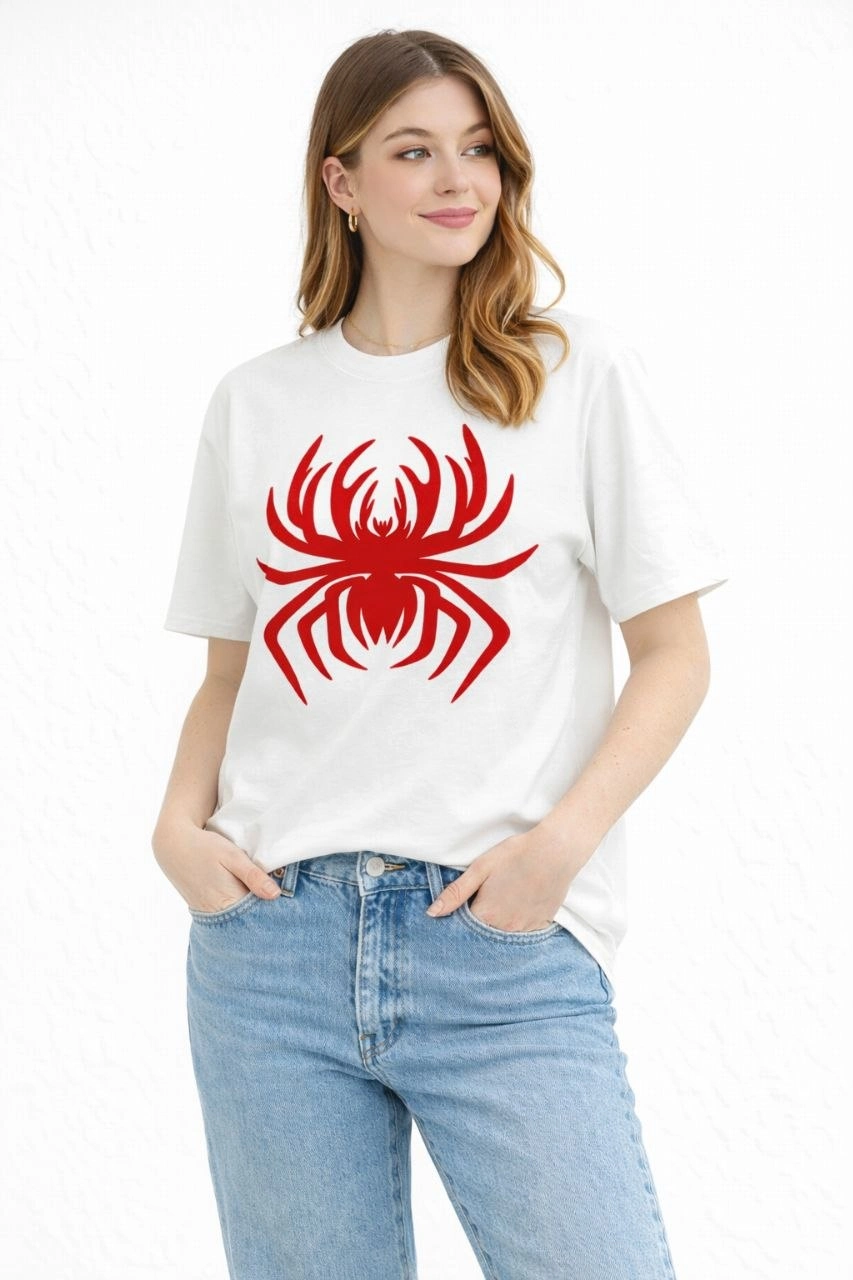 Kadın Örümcek Baskılı Tişört Kısa Kollu Bisiklet Yaka T-Shirt – Beyaz