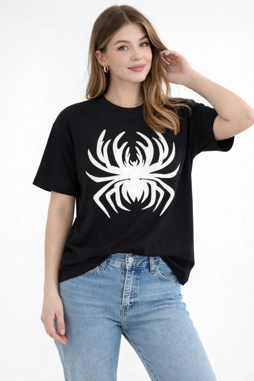 Kadın Örümcek Baskılı Tişört Kısa Kollu Bisiklet Yaka T-Shirt – Siyah