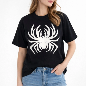 Kadın Örümcek Baskılı Tişört Kısa Kollu Bisiklet Yaka T-Shirt – Siyah