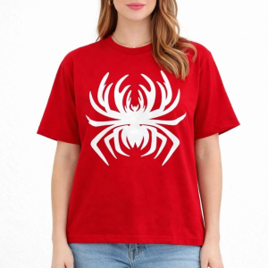 Kadın Örümcek Baskılı Tişört Kısa Kollu Bisiklet Yaka T-Shirt – Kırmızı