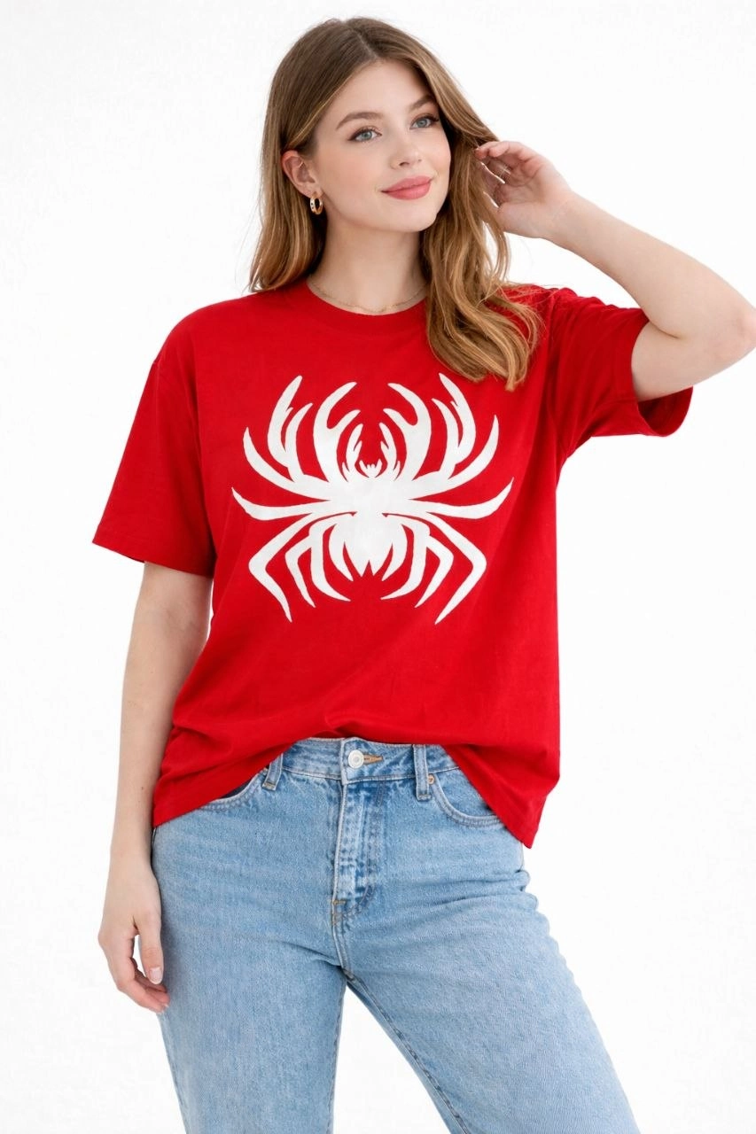 Kadın Örümcek Baskılı Tişört Kısa Kollu Bisiklet Yaka T-Shirt – Kırmızı