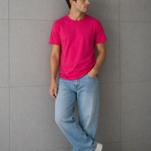 Erkek Basic Pamuklu Tişört Bisiklet Yaka Düz Renk Regular Fit T-Shirt – Fuşya