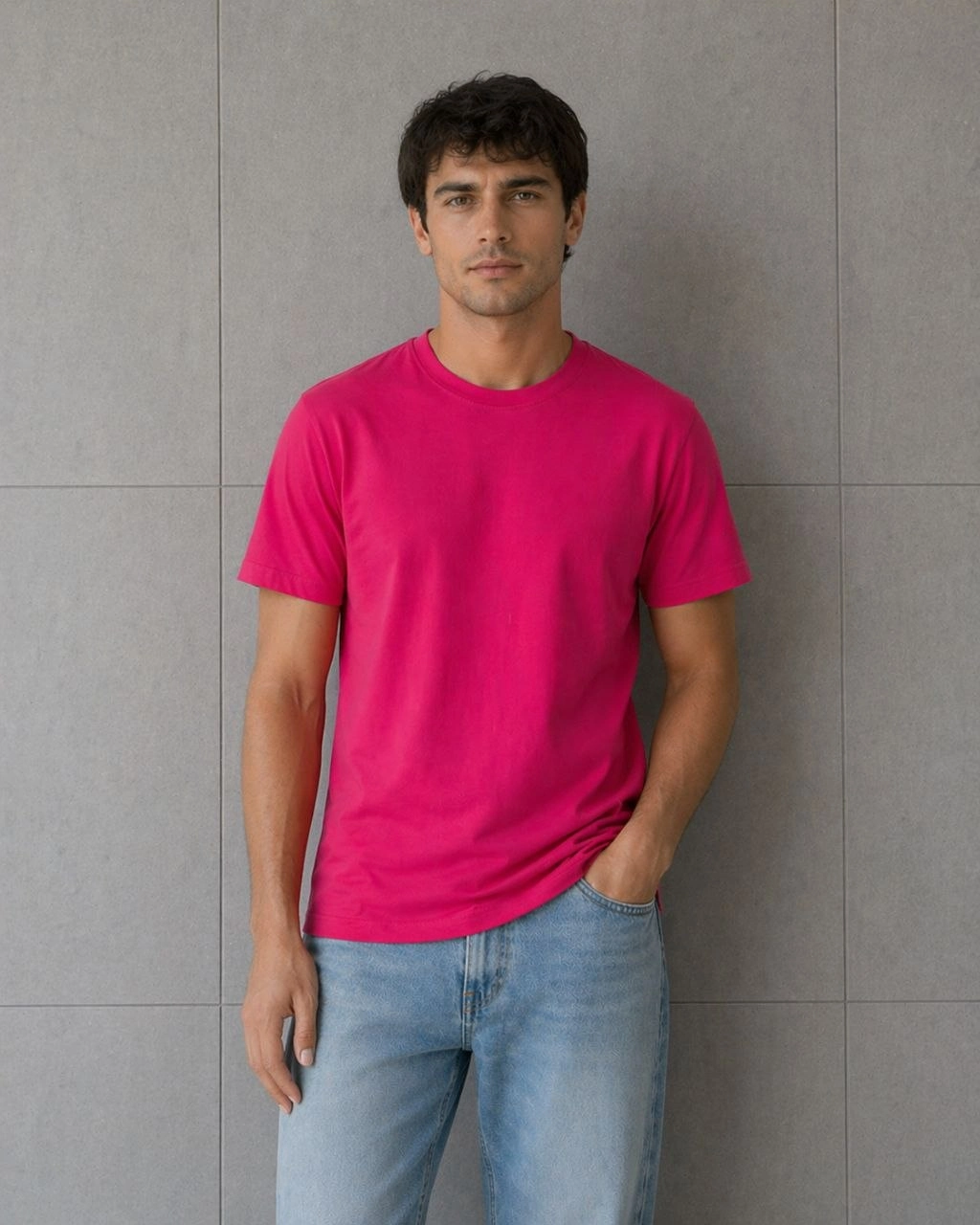 Erkek Basic Pamuklu Tişört Bisiklet Yaka Düz Renk Regular Fit T-Shirt – Fuşya