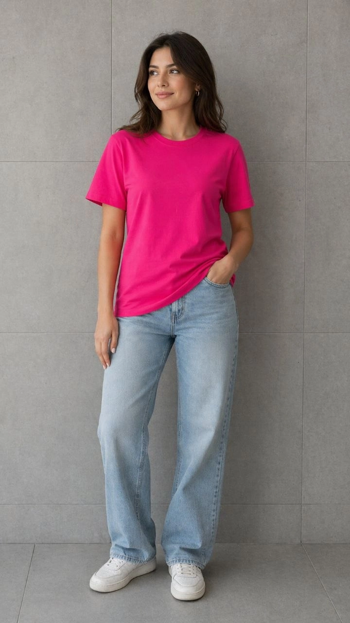 Kadın Basic Pamuklu Tişört Bisiklet Yaka Düz Renk Relaxed Fit T-Shirt – Fuşya