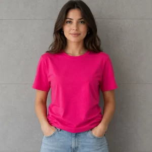 Kadın Basic Pamuklu Tişört Bisiklet Yaka Düz Renk Relaxed Fit T-Shirt – Fuşya