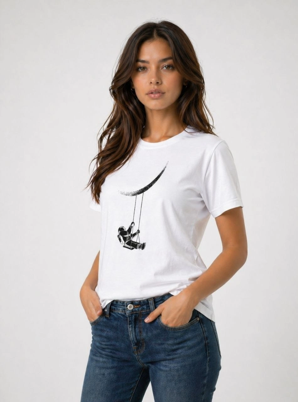 Kadın Astronot Ay Temalı Tişört Kısa Kol Yazlık Bisiklet Yaka T-Shirt – Beyaz