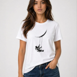 Kadın Astronot Ay Temalı Tişört Kısa Kol Yazlık Bisiklet Yaka T-Shirt – Beyaz