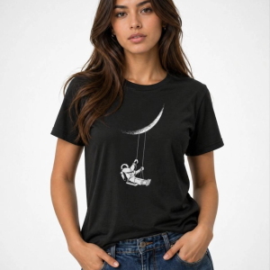 Kadın Astronot Ay Temalı Tişört Kısa Kol Yazlık Bisiklet Yaka T-Shirt – Siyah
