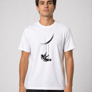 Erkek Astronot Ay Temalı Tişört Kısa Kol Yazlık Bisiklet Yaka T-Shirt – Beyaz
