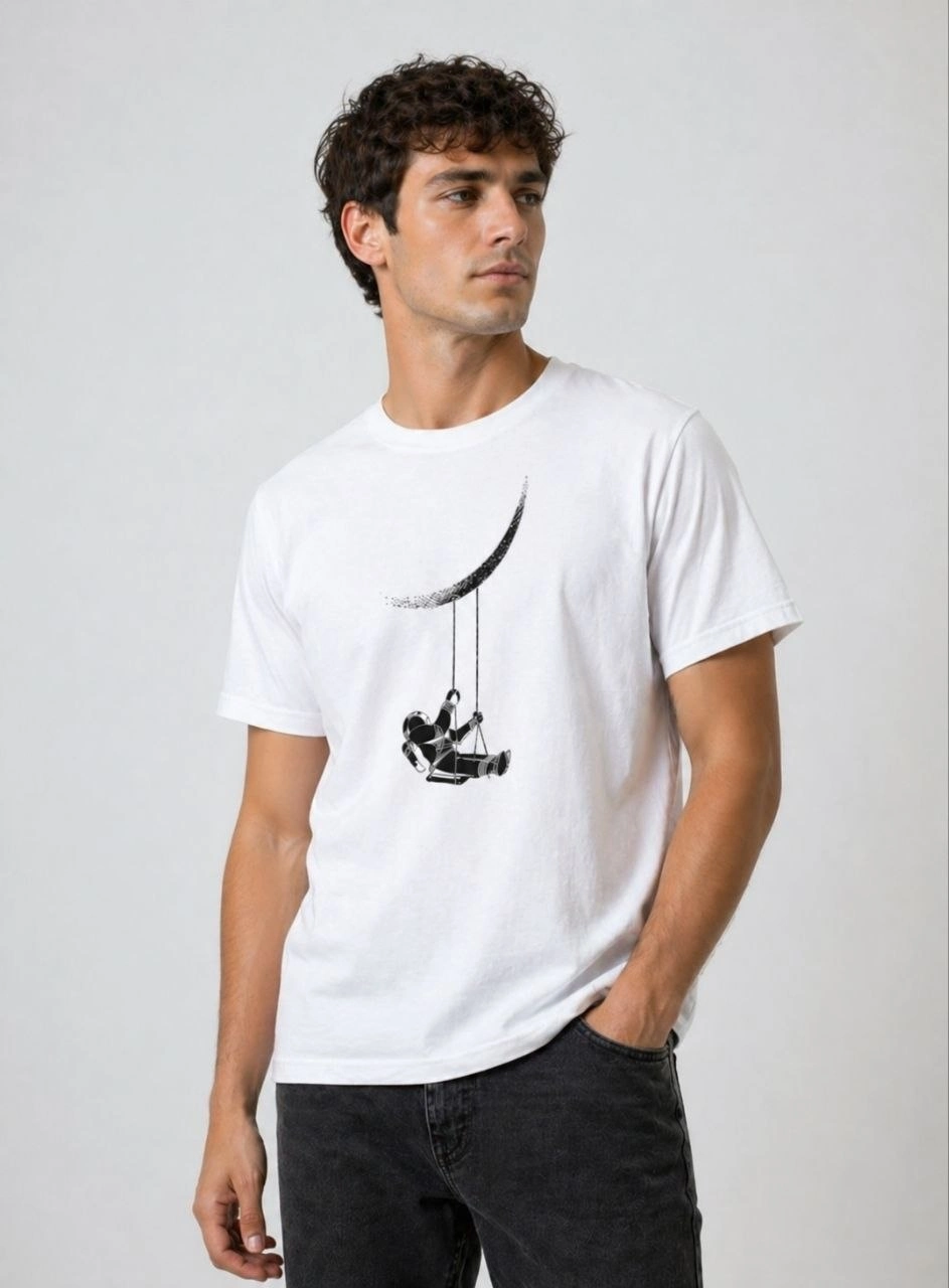 Erkek Astronot Ay Temalı Tişört Kısa Kol Yazlık Bisiklet Yaka T-Shirt – Beyaz