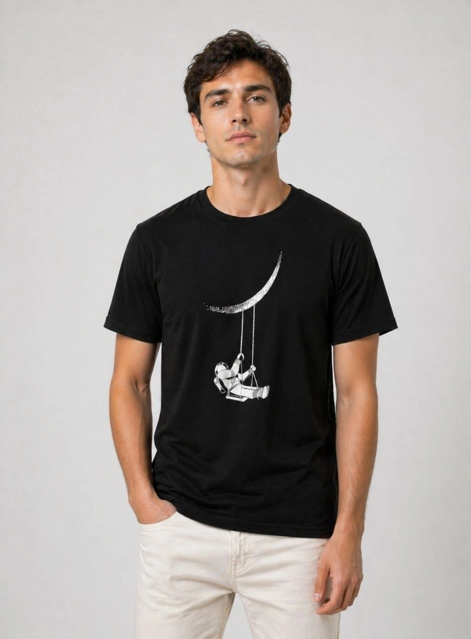 Erkek Astronot Ay Temalı Tişört Kısa Kol Yazlık Bisiklet Yaka T-Shirt – Siyah