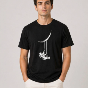 Erkek Astronot Ay Temalı Tişört Kısa Kol Yazlık Bisiklet Yaka T-Shirt – Siyah