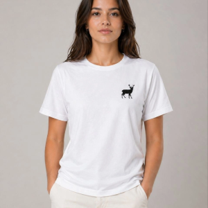 Kadın Minimal Geyik Logolu Tişört Bisiklet Yaka Kısa kol Yazlık T-Shirt – Beyaz
