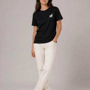 Kadın Minimal Geyik Logolu Tişört Bisiklet Yaka Kısa kol Yazlık T-Shirt – Siyah