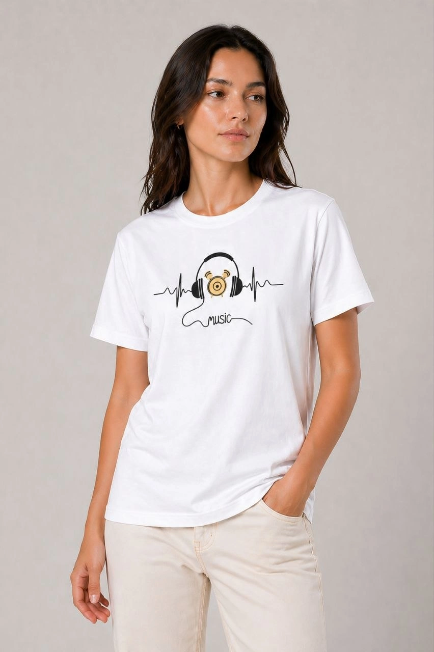 Kadın Müzik Temalı Baskılı Tişört Bisiklet Yaka Kısa Kol T-Shirt – Beyaz
