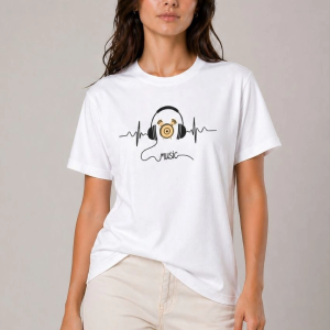 Kadın Müzik Temalı Baskılı Tişört Bisiklet Yaka Kısa Kol T-Shirt – Beyaz