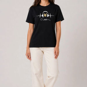 Kadın Müzik Temalı Baskılı Tişört Bisiklet Yaka Kısa Kol T-Shirt – Siyah