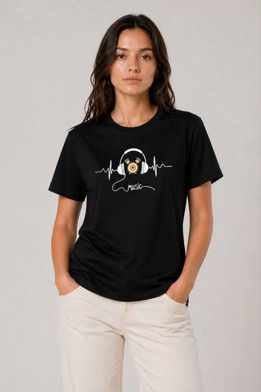 Kadın Müzik Temalı Baskılı Tişört Bisiklet Yaka Kısa Kol T-Shirt – Siyah