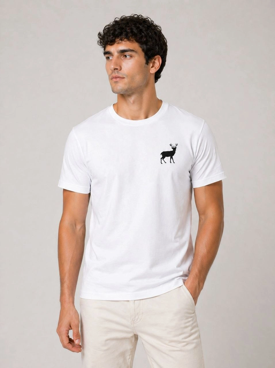 Erkek Minimal Geyik Logolu Tişört Bisiklet Yaka Kısa kol Yazlık T-Shirt – Beyaz