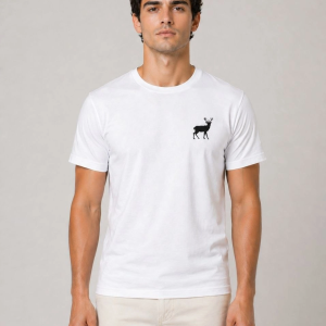 Erkek Minimal Geyik Logolu Tişört Bisiklet Yaka Kısa kol Yazlık T-Shirt – Beyaz