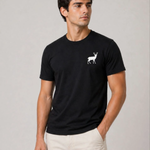 Erkek Minimal Geyik Logolu Tişört Bisiklet Yaka Kısa kol Yazlık T-Shirt – Siyah