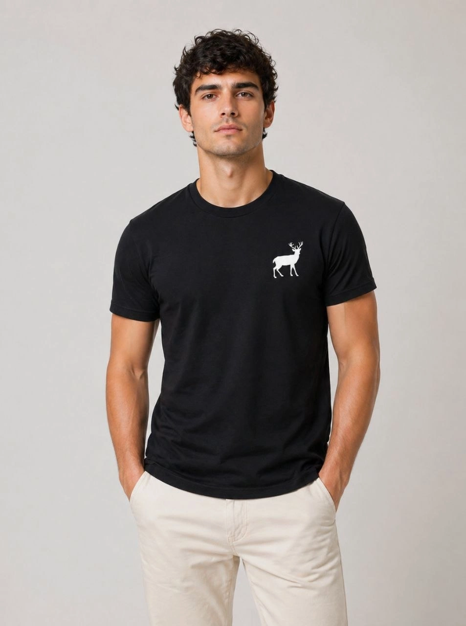 Erkek Minimal Geyik Logolu Tişört Bisiklet Yaka Kısa kol Yazlık T-Shirt – Siyah