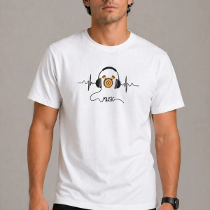 Erkek Müzik Temalı Baskılı Tişört Bisiklet Yaka Kısa Kol T-Shirt – Beyaz