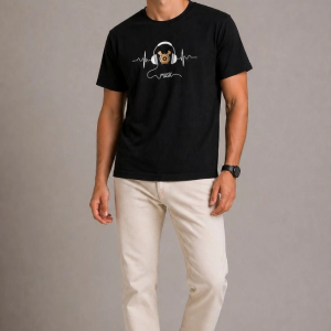 Erkek Müzik Temalı Baskılı Tişört Bisiklet Yaka Kısa Kol T-Shirt – Siyah