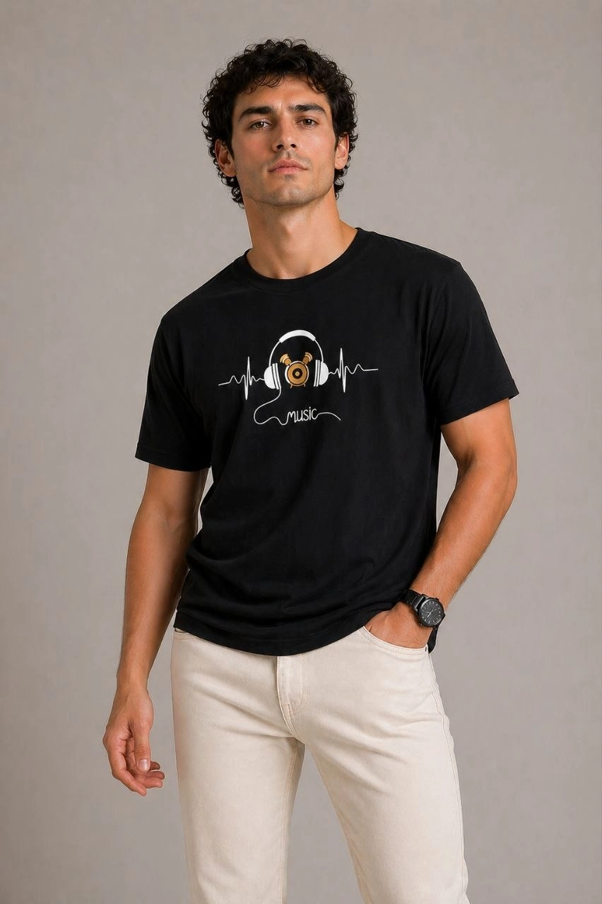 Erkek Müzik Temalı Baskılı Tişört Bisiklet Yaka Kısa Kol T-Shirt – Siyah